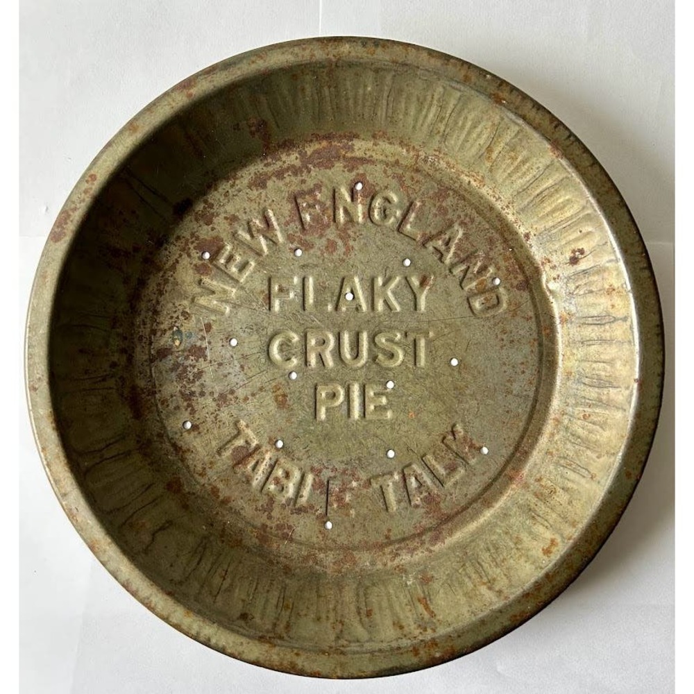 Vintage New England flaky pie crust tin table talk 5 cent 9.5"